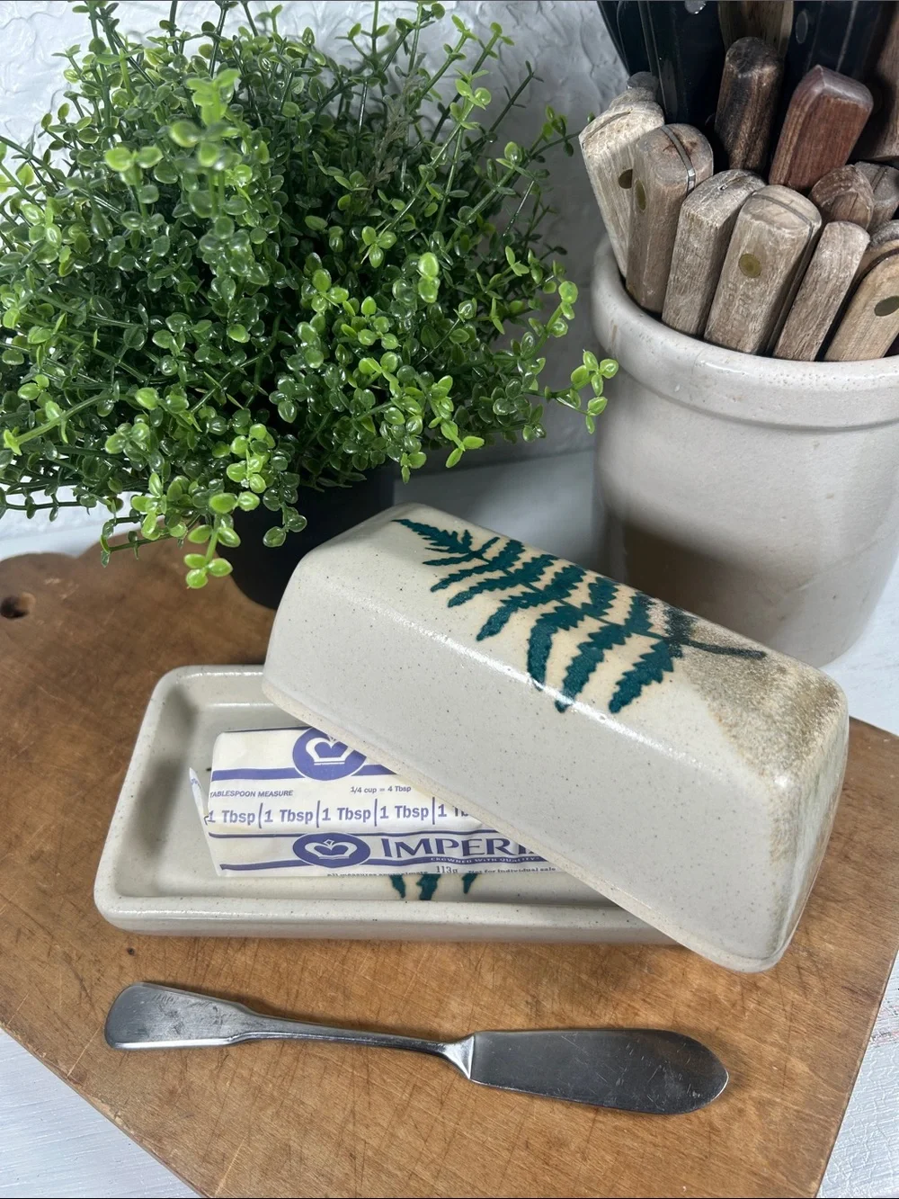 Stoneware Butter Dish Studio Pottery Handmade w/ Green Fern Motif Artist Signed